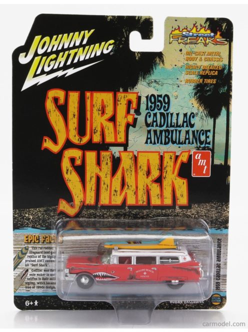 Johnny Lightning - Cadillac Eldorado Ambulance With Shark Graphics An Surfboards 1959 Rusty Red White