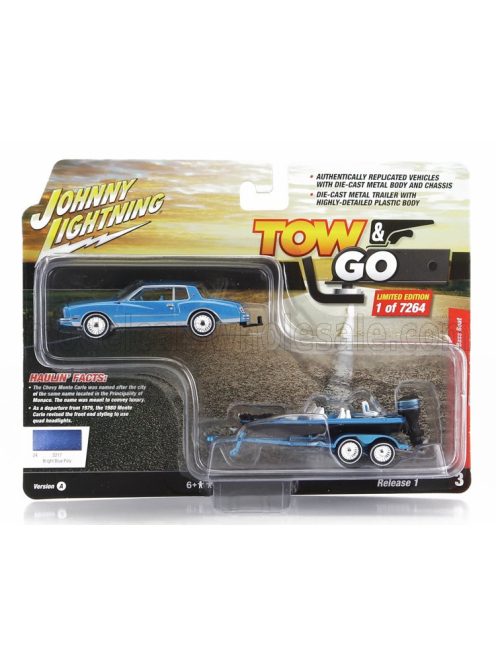 Johnny Lightning - CHEVROLET MONTECARLO 1980 WITH TRAILER AND MOTORBOAT BLUE BLACK