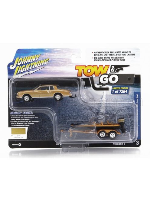 Johnny Lightning - CHEVROLET MONTECARLO 1980 WITH TRAILER AND MOTORBOAT GOLD BLACK