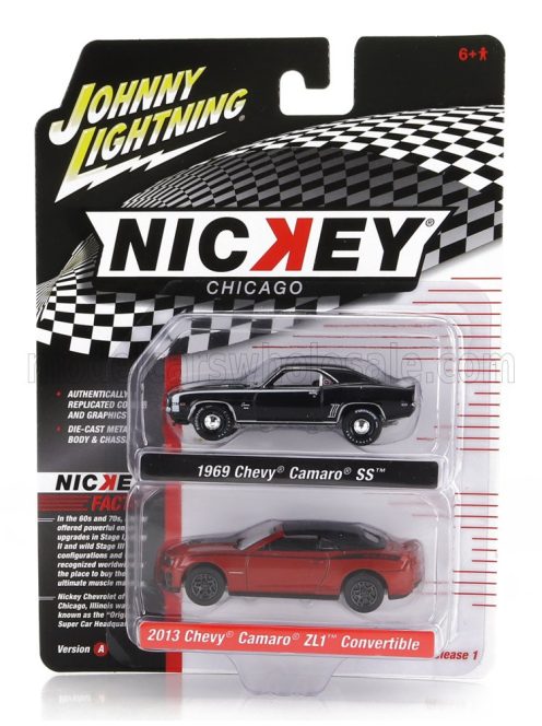 Johnny Lightning - CHEVROLET SET 2X CAMARO SS 1969 + ZL1 CABRIOLET CLOSED 2013 BLACK RED