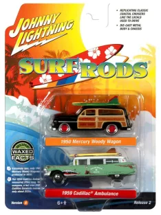   Johnny Lightning - Surf Rods1950 Mercury Woody Wagon Black/Woody and 1959 Cadillac Ambulance Teal/Surf sharkJohnny L