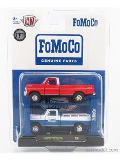   M2Machines - Ford Usa 2X F-100 Pick-Up 1969 - Garage Set Officina - Ponte Sollevatore Auto - Four Post Lift Red - White Blue