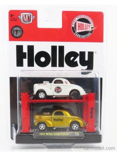   M2Machines - Ford Usa 2X Willys Coupe Gasser 1941 - Garage Set Officina - Ponte Sollevatore Auto - Four Post Lift White - Gold