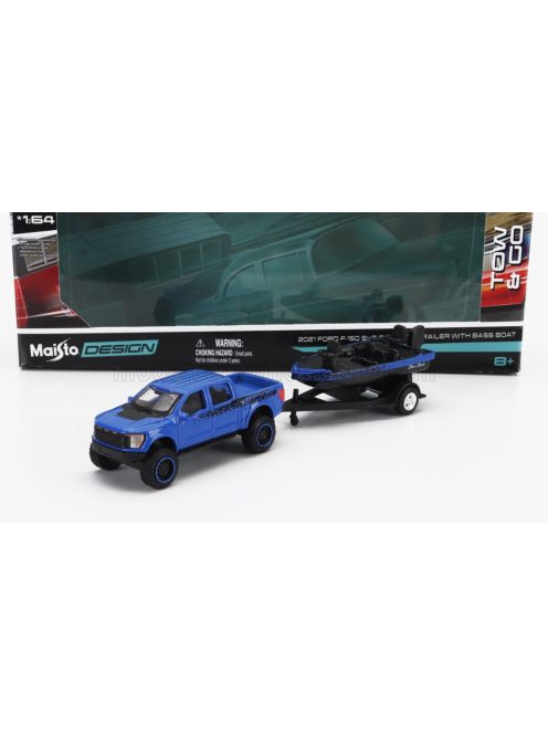 Maisto - FORD USA F-150 SVT RAPTOR PICK-UP WITH BASS BOAT AND TRAILER 2021 BLUE BLACK