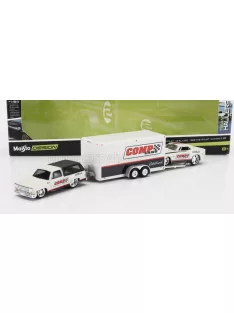   Maisto - CHEVROLET BLAZER K5 1979 WITH TRAILER CAR TRANSPORTER + CAMARO Z/28 COUPE RACING COMP CAMS 1968 WHITE BLACK