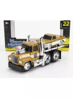   Maisto - MACK R685ST FLATBED TRUCK CAR TRANSPORTER WITH CHEVROLET C-10 PICK-UP CUSTOM 1972 GOLD WHITE
