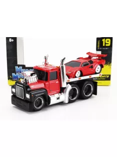   Maisto - MACK R685ST FLATBED TRUCK CAR TRANSPORTER WITH LAMBORGHINI COUNTACH CUSTOM 1988 RED BLACK