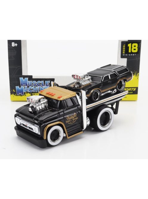 Maisto - CHEVROLET C-60 FLATBED CAR TRANSPORTER 1966 WITH OLDSMOBILE VISTA CRUISER CUSTOM 1970 BLACK GOLD