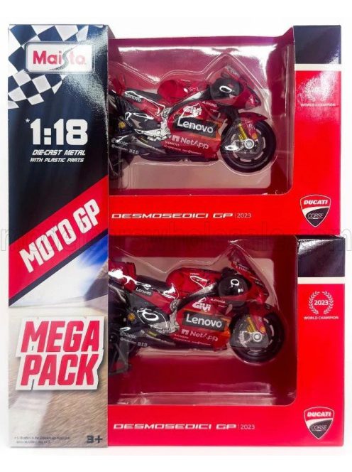 Maisto - DUCATI SET 2X DESMOSEDICI GP23 TEAM LENOVO N 1 WORLD CHAMPION MOTOGP SEASON 2023 FRANCESCO BAGNAIA + N 23 MOTOGP SEASON 2023 ENEA BASTIANINI RED
