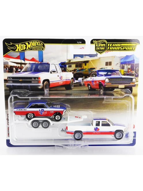 Mattel Hot Wheels - CHEVROLET SILVERADO 3500 PICK-UP WITH TRAILER CAR TRANSPORTER + CHEVROLET NOVA 1963 WHITE RED BLUE