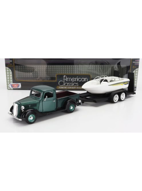 Motor-Max - FORD USA PICK-UP WITH TRAILER + BOAT 1937 GREEN MET WHITE