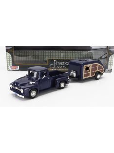   Motor-Max - FORD USA F-100 PICK-UP WITH TRAILER ROULOTTE 1956 BLUE WOOD