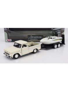   Motor-Max - CHEVROLET C-10 FLEETSIDE PICK-UP WITH TRAILER + BOAT 1966 CREAM WHITE