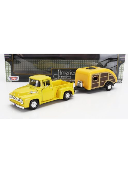 Motor-Max - FORD USA F-100 PICK-UP WITH TRAILER ROULOTTE 1955 YELLOW WOOD