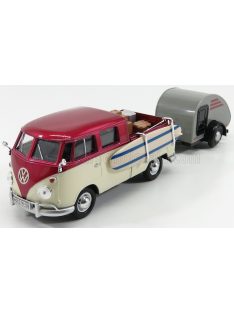   Motor-Max - VOLKSWAGEN T1 TYPE 2 DOUBLE CABINE WITH TRAILER 1962 RED CREAM