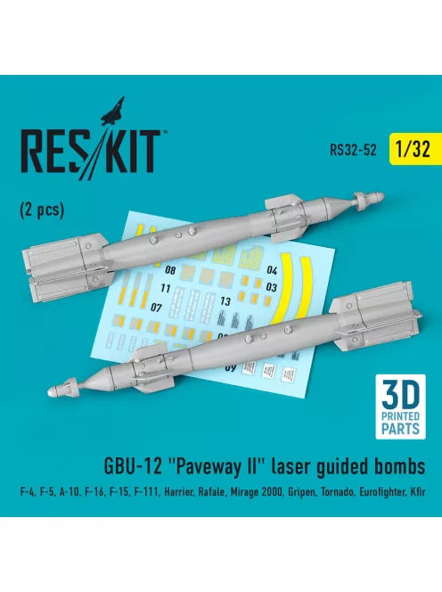 Reskit - GBU-12 Paveway II laser guided bombs (2 pcs) (F-4 F-5 A-10 F-16 F-15 F-111 Harrier Rafale Mirage 2000 Gripen Tornado Eurofighter Kfir) (3D Printed)
