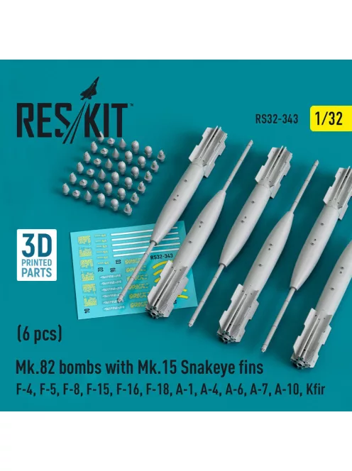 Reskit - Mk.82 bombs with Mk.15 Snakeye fins (6 pcs) (F-4, F-5, F-8, F-15, F-16, F-18, A-1, A-4, A-6, A-7, A-10, Kfir) (3D Printed)