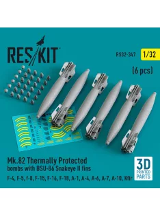   Reskit - Mk.82 thermally protected bombs with BSU-86 Snakeye II fins (6 pcs) (F-4 F-5 F-8 F-15 F-16 F-18 A-1 A-4 A-6 A-7 A-10 Kfir) (3D Printed)