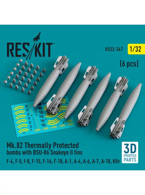 Reskit - Mk.82 thermally protected bombs with BSU-86 Snakeye II fins (6 pcs) (F-4 F-5 F-8 F-15 F-16 F-18 A-1 A-4 A-6 A-7 A-10 Kfir) (3D Printed)