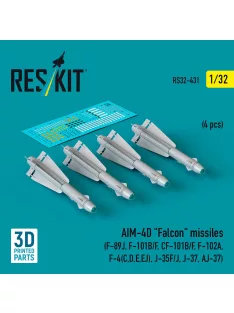   Reskit - AIM-4D Falcon missiles (4 pcs) (F-89J, F-101B/F, CF-101B/F, F-102A, F-4(C,D,E,EJ), J-35F/J, J-37, AJ-37) (3D Printed)