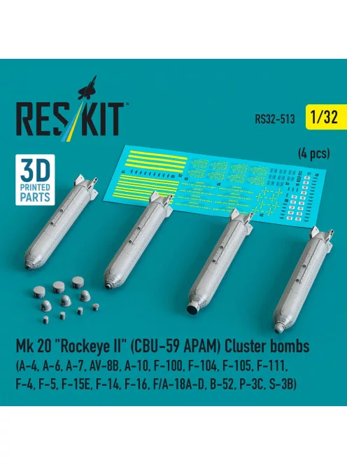 Reskit - Mk 20 Rockeye II (CBU-59 APAM) Cluster bombs (A-4 A-6 A-7 AV-8B A-10 F-100 F-104 F-105 F-111 F-4 F-5 F-15E F-14 F-16 F/A-18A-D B-52 P-3C S-3B) (4 pcs) (3D Printed)
