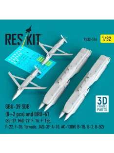   Reskit - GBU-39 SDB (8 pcs) and BRU-61 (2 pcs) (Su-27, MiG-29, F-16, F-15E, F-22, F-35, Tornado, JAS-39, A-10, AC-130W, B-1B, B-2, B-52) (3D Printed)