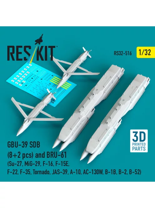 Reskit - GBU-39 SDB (8 pcs) and BRU-61 (2 pcs) (Su-27, MiG-29, F-16, F-15E, F-22, F-35, Tornado, JAS-39, A-10, AC-130W, B-1B, B-2, B-52) (3D Printed)