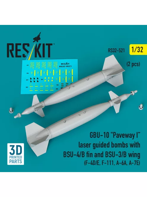 Reskit - GBU-10 Paveway I laser guided bombs with BSU-4/B fin and BSU-3/B wing (2 pcs) (F-4D/E, F-111, A-6A, A-7E) (3D Printed)
