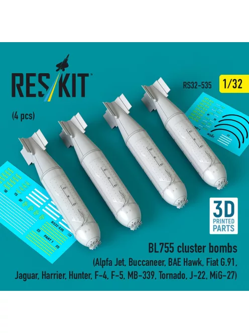 Reskit - BL755 cluster bombs (4 pcs) (Alpfa Jet Buccaneer BAE Hawk Fiat G.91 Jaguar Harrier Hunter F-4 F-5 MB-339 Tornado J-22 MiG-27) (3D Printed)