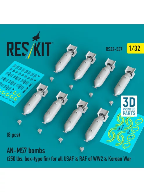 Reskit - AN-M57 bombs (250 lbs box-type fin) for all USAF & RAF of WW2 & Korean War (8 pcs) (3D Printed)