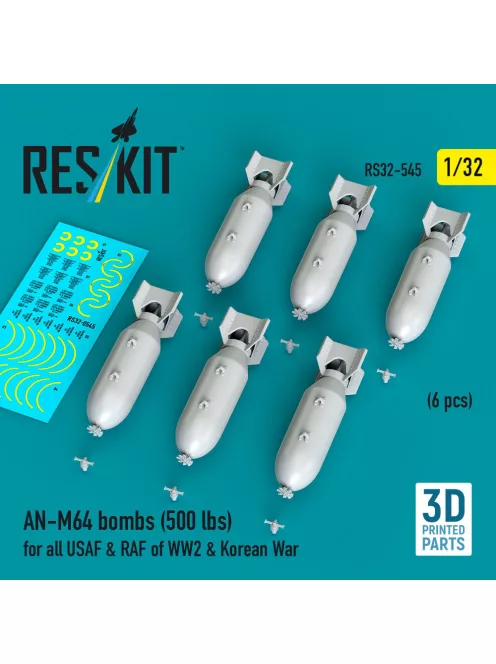 Reskit - AN-M64 bombs (500 lbs) for all USAF & RAF of WW2 & Korean War (6 pcs) (3D Printed)