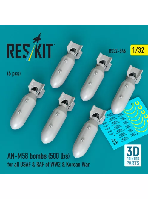Reskit - AN-M58 bombs (500 lbs) for all USAF & RAF of WW2 & Korean War (6 pcs) (3D Printed)