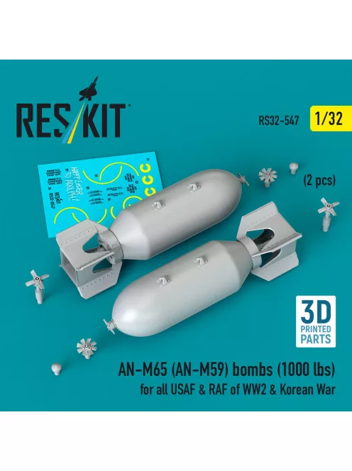 Reskit - AN-M65 (AN-M59) bombs (1000 lbs) for all USAF & RAF of WW2 & Korean War (2 pcs) (3D Printed)