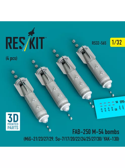 Reskit - FAB-250 ?-54 bombs (4 pcs) (MiG-21/23/27/29, Su-7/17/20/22/24/25/27/30/ YAK-130) (3D Printed)