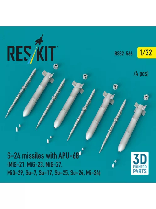 Reskit - S-24 missiles with APU-68 (4 pcs) (MiG-21, MiG-23, MiG-27, MiG-29, Su-7, Su-17, Su-25, Su-24, Mi-24) (3D Printed)