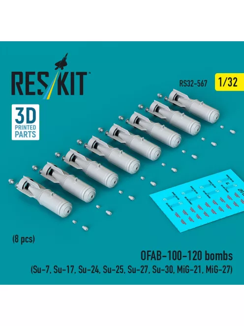 Reskit - OFAB-100-120 bombs (8 pcs) (Su-7 Su-17 Su-24 Su-25 Su-27 Su-30 MiG-21 MiG-27) (3D Printed)