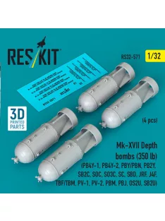   Reskit - Mk-XVII Depth bombs (350 lb) (4 pcs) (PB4Y-1 PB4Y-2 PBY/PBN PB2Y SB2C SOC SO3C SC SBD JRF J4F TBF/TBM PV-1 PV-2 PBM PBJ OS2U SB2U) (3D Printed)