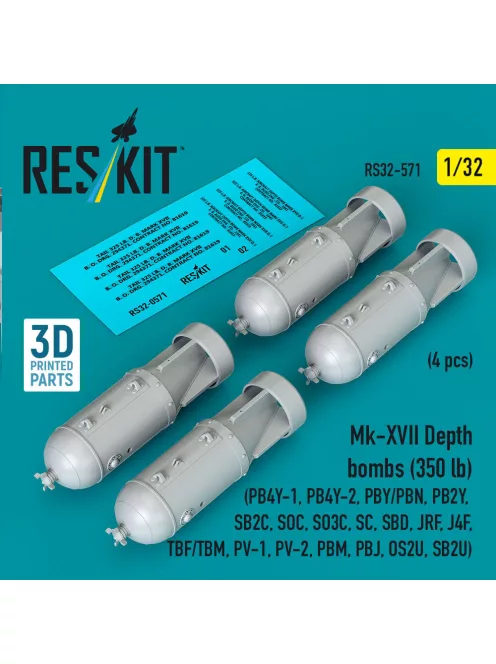 Reskit - Mk-XVII Depth bombs (350 lb) (4 pcs) (PB4Y-1 PB4Y-2 PBY/PBN PB2Y SB2C SOC SO3C SC SBD JRF J4F TBF/TBM PV-1 PV-2 PBM PBJ OS2U SB2U) (3D Printed)