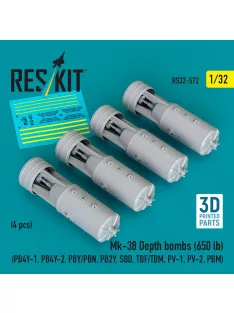   Reskit - Mk-38 Depth bombs (650 lb) (4 pcs) (PB4Y-1, PB4Y-2, PBY/PBN, PB2Y, SBD, TBF/TBM, PV-1, PV-2, PBM) (3D Printed)