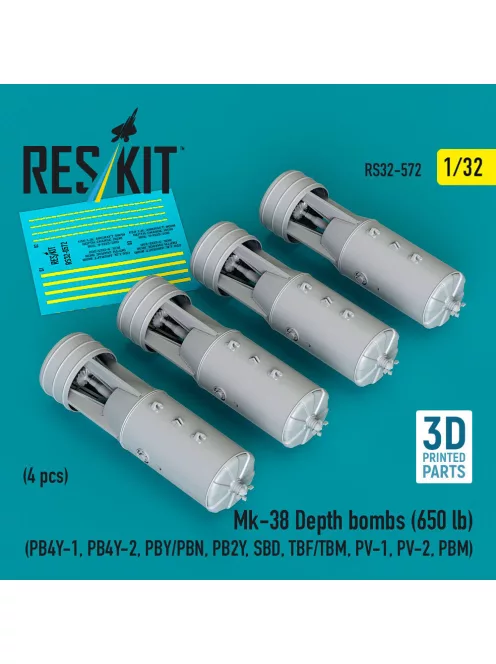 Reskit - Mk-38 Depth bombs (650 lb) (4 pcs) (PB4Y-1, PB4Y-2, PBY/PBN, PB2Y, SBD, TBF/TBM, PV-1, PV-2, PBM) (3D Printed)