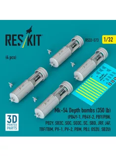   Reskit - Mk-54 Depth bombs (350 lb) (4 pcs) (PB4Y-1, PB4Y-2, PBY/PBN, PB2Y, SB2C, SOC, SO3C, SC, SBD, JRF, J4F, TBF/TBM, PV-1, PV-2, PBM, PBJ, OS2U, SB2U) (3D Printed)