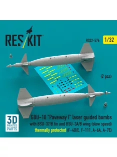   Reskit - GBU-10 Paveway I laser guided bombs with BSU-37/B fin and BSU-3A/B wing (slow speed) thermally protected (2 pcs) (F-4D/E, F-111, A-6A, A-7E) (3D Printed)