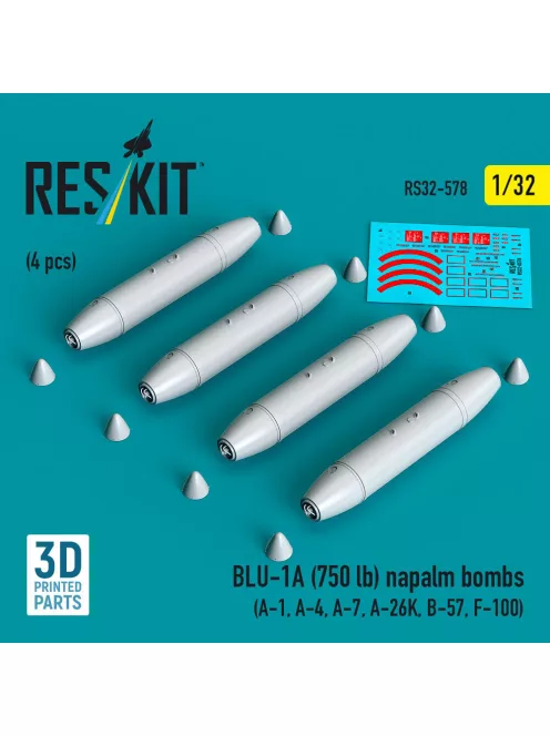 Reskit - BLU-1A (750 lb) napalm bombs (4 pcs) (A-1 A-4 A-7 A-26K B-57 F-100) (3D Printed)
