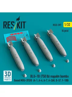   Reskit - BLU-1B (750 lb) napalm bombs finned MXU-393/B (4 pcs) (A-1 A-4 A-7 A-26K B-57 F-100) (3D Printed)