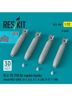   Reskit - BLU-1B (750 lb) napalm bombs finned MXU-469/B (4 pcs) (A-1 A-4 A-7 A-26K B-57 F-100) (3D Printed)