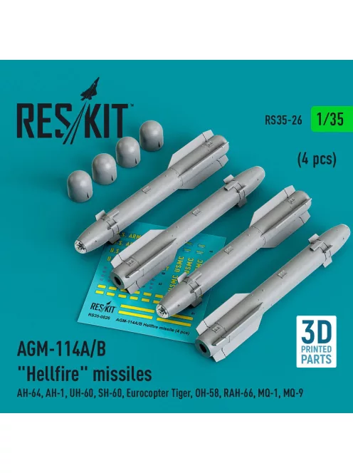Reskit - AGM-114A/B Hellfire missiles (4 pcs) (AH-64, AH-1, UH-60, SH-60, Eurocopter Tiger, OH-58, RAH-66, MQ-1, MQ-9) (3D Printed)