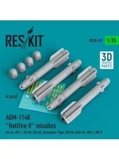   Reskit - AGM-114K Hellfire II missiles (4 pcs) (AH-64 AH-1 UH-60 SH-60 Eurocopter Tiger OH-58 RAH-66 MQ-1 MQ-9) (3D Printed)