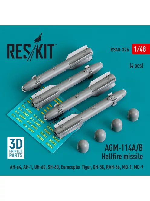 Reskit - AGM-114A/B Hellfire missiles (4 pcs) (AH-64, AH-1, UH-60, SH-60, Eurocopter Tiger, OH-58, RAH-66, MQ-1, MQ-9) (3D Printed)