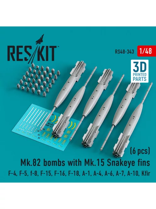 Reskit - Mk.82 bombs with Mk.15 Snakeye fins (6 pcs) (F-4, F-5, F-8, F-15, F-16, F-18, A-1, A-4, A-6, A-7, A-10, Kfir) (3D Printed)