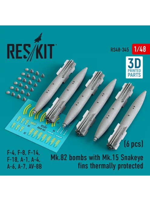 Reskit - Mk.82 bombs with Mk.15 Snakeye fins thermally protected (6 pcs) (F-4 F-8 F-14 F-18 A-1 A-4 A-6 A-7 AV-8B) (3D Printed)